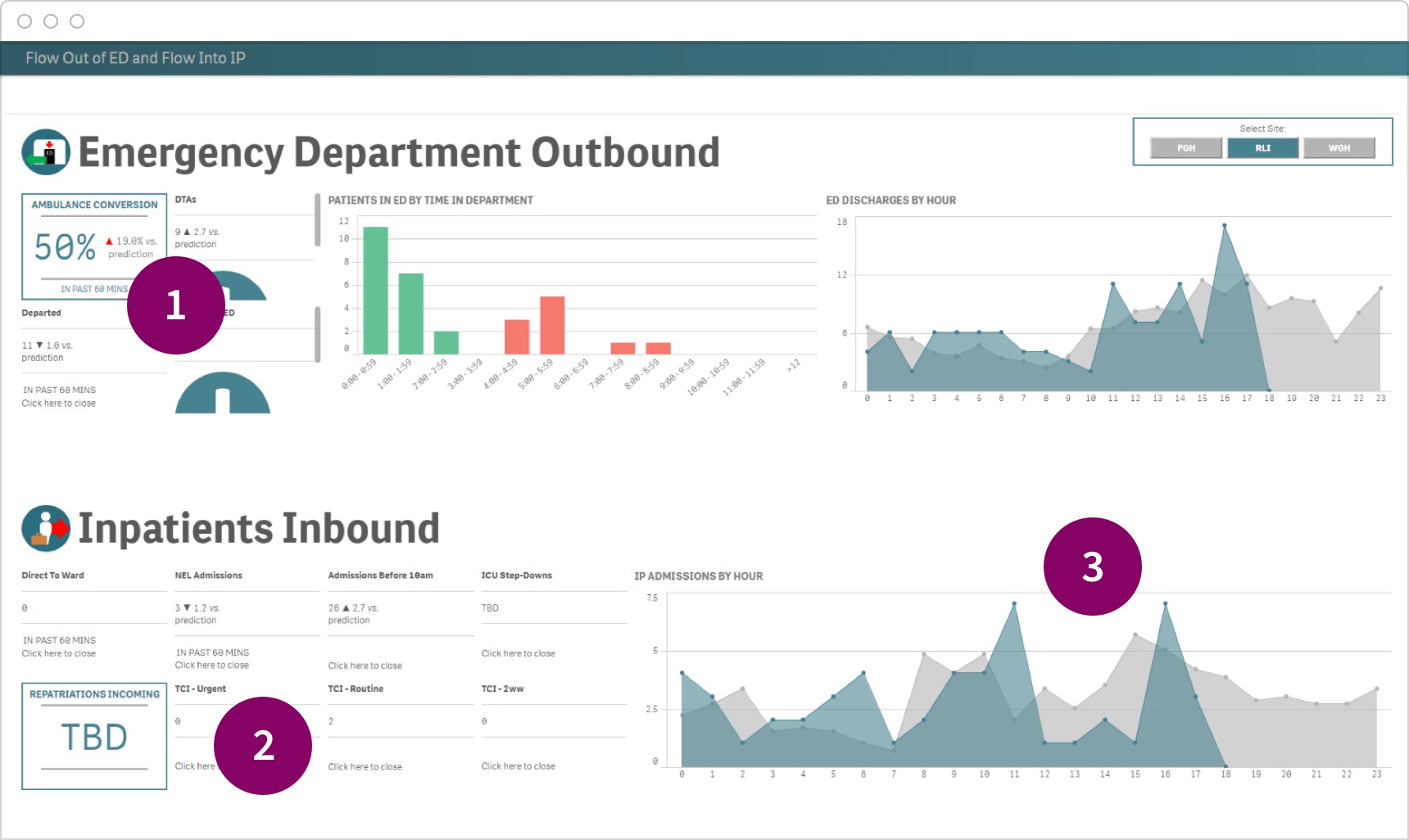 A Qlik Sense executive dashboard design showing strategic KPIs, predictions and time-based trends.